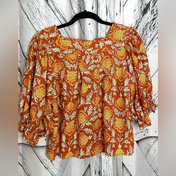 Rachel Zoe Orange Floral Peasant Top M - Picture 2 of 9